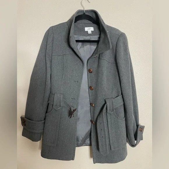 LOFT Charcoal Wool blend Belted Trench Coat size 8 - Picture 8 of 15
